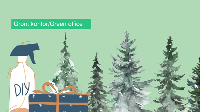 Painting of a spray bottle, a wrapped gift and pine trees with snow on. Green background. 