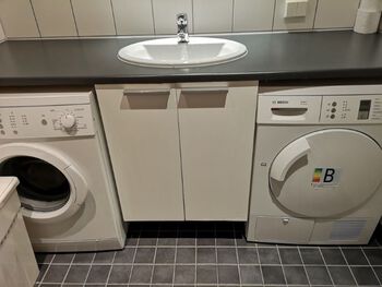 Laundry room ,Clothes dryer ,Sink ,Washing machine ,White.