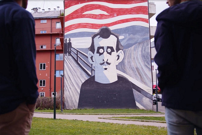House wall with a street art rendering av Edvard Munch's "Skrik"