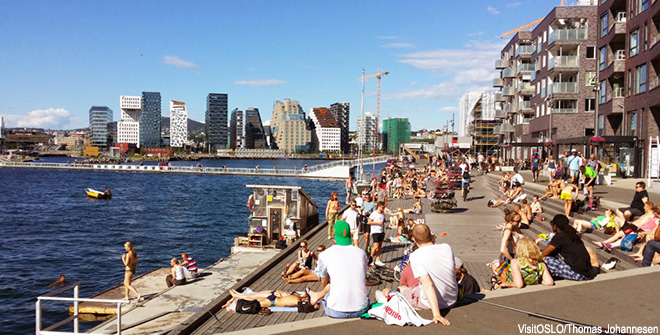 People enjoying summer on the pier of Sørenga against the bar code skyline