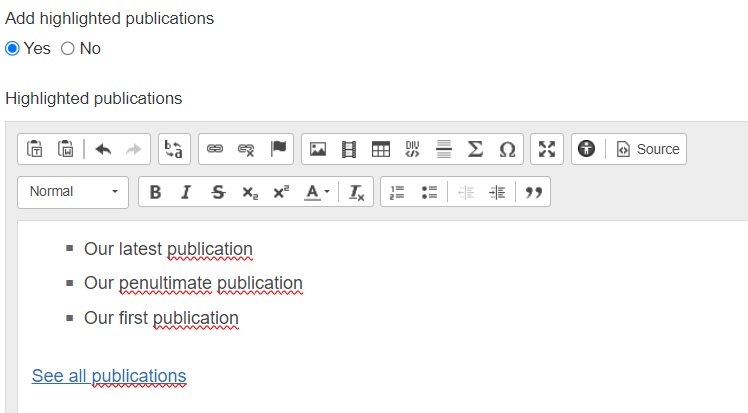 Screenshot of editor field for highlighted publications