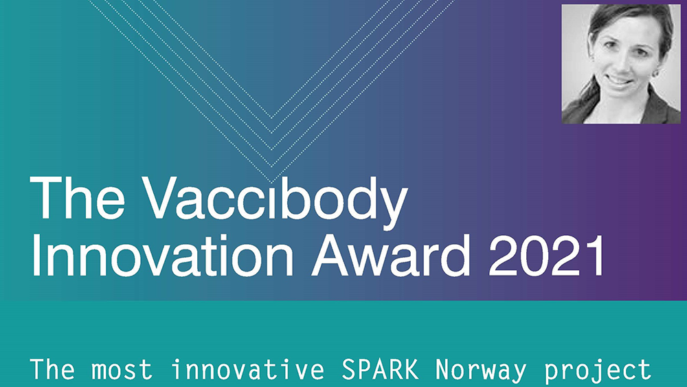 SPARK Norway Innovation Award graphics and image of founder