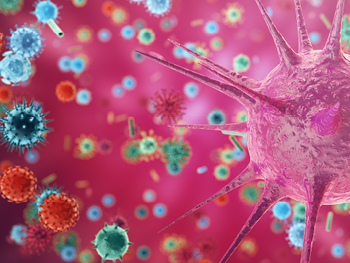 Photo illustration of cells and viruses from Colourbox.com.