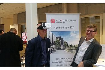 In October we attended at the Cutting Edge Festival&amp;#160;in Oslo Science Park.
We organized a stand were we showed our virtual 3D tour of the planned life sciences building, here demonstrated by director Finn-Eirik Johansen and chair of our board Svein Stølen. Several of UiO&#39;s life sciences researchers gave talk at the festival.
The festival is hosted by Oslotech, Inven2 and UiO is a part of Oslo Innovation Week. It&amp;#160;showcases the latest in science, technology and entrepreneurship.&amp;#160;