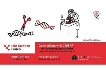 In October we hosted a Life Science Lunch on Gene editing with CRISPR –&amp;#160;the technology, possibilities, use and ethical considerations.
See the program and watch the talk of&amp;#160;Sigrid Bratlie from the Norwegian Biotechnology Advisory Board.
Life Science Lunch is a series of seminars that is a collaboration between faculties and departments, the Student Parliament, the Science Library and UiO:Life Science.
CRISPR was also on our program in June. Together with the Biotechnology Advisory Board we hosted a guest lecture with Swedish Fredrik Lanner. He presented the work on gene expression in early human embryos, and presented his plans to use CRISPR technology to edit genes in early human embryos.
Read more and see the recording of his talk.