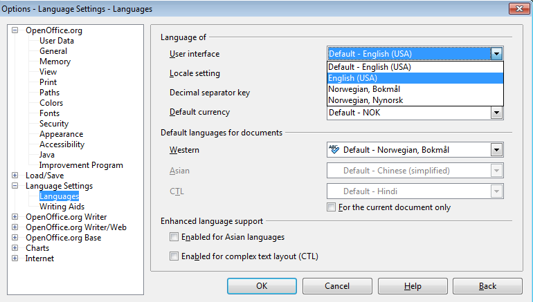 Changing display language in Open Office - University of Oslo