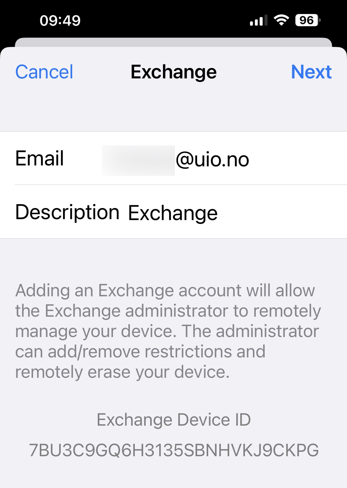 Screenshot of Exchange setup, enter email address and description