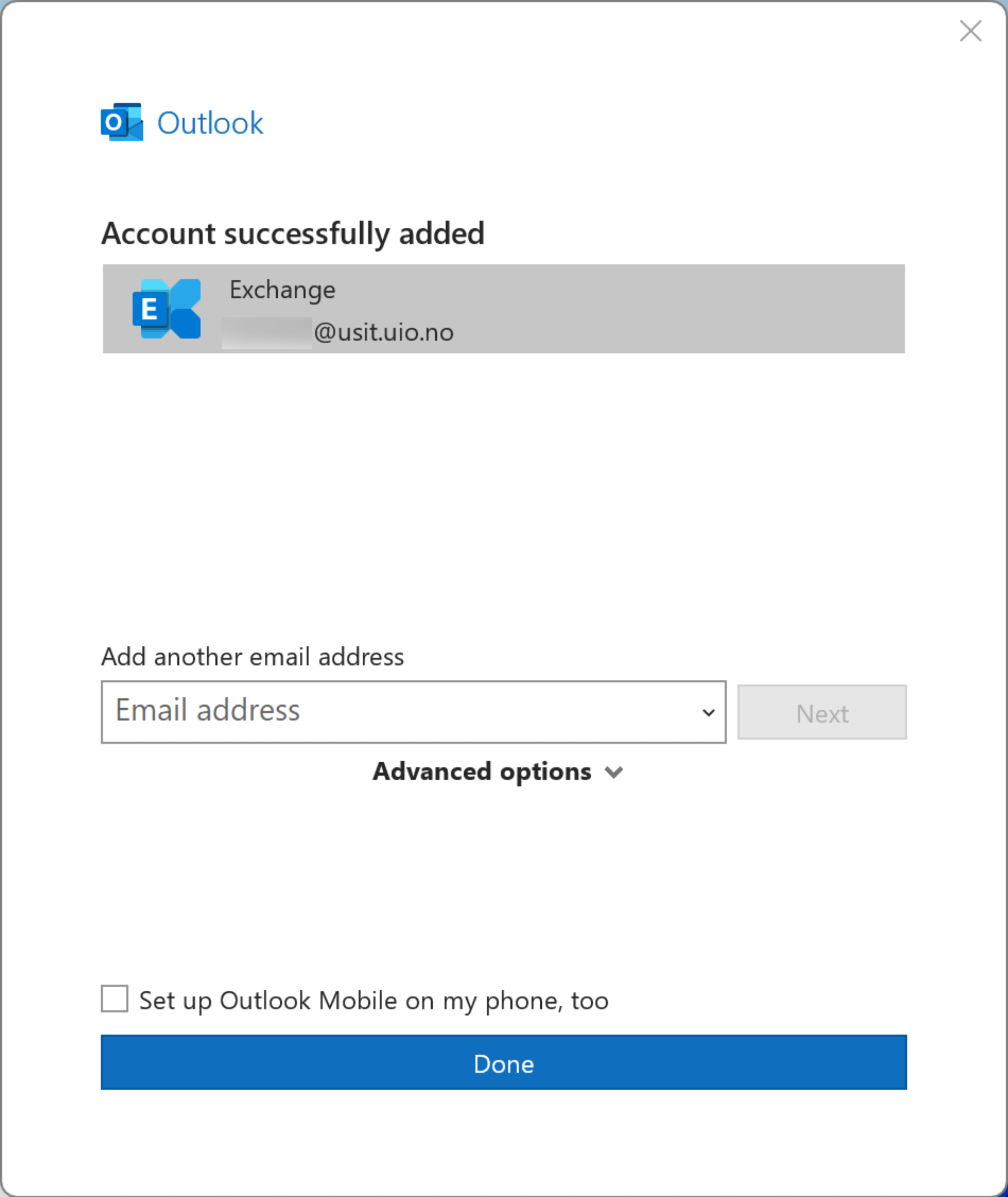Screenshot of account window in Outlook