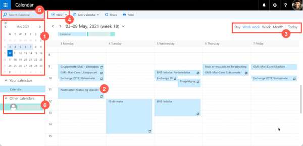 Screenshot of the calendar in OWA with the most important functionality