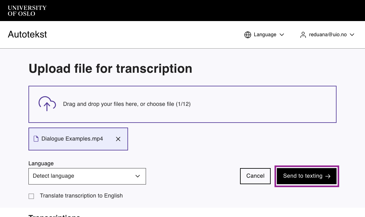 Image showing that the Dialouge Examples.mp4 is uploaded. The button at the bottom right "Send to texting" is highlighted with a purple rectangle.