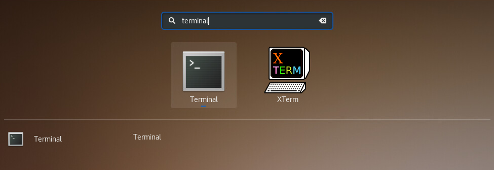 Redhat linux in the activities window, searching for terminal.