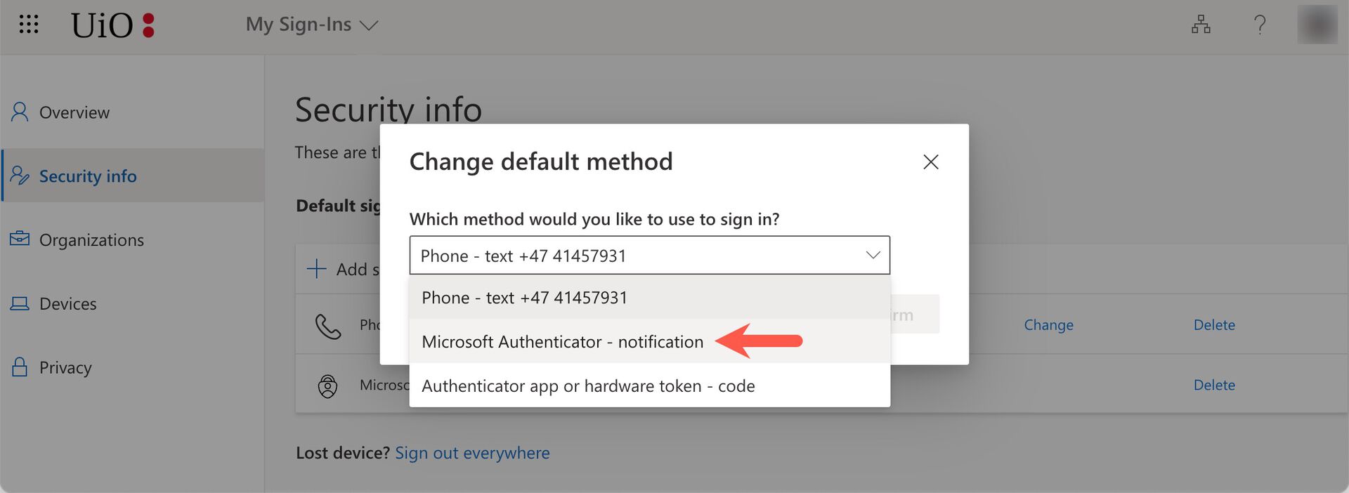 Screenshot of Security Info - Choose default sign-in method