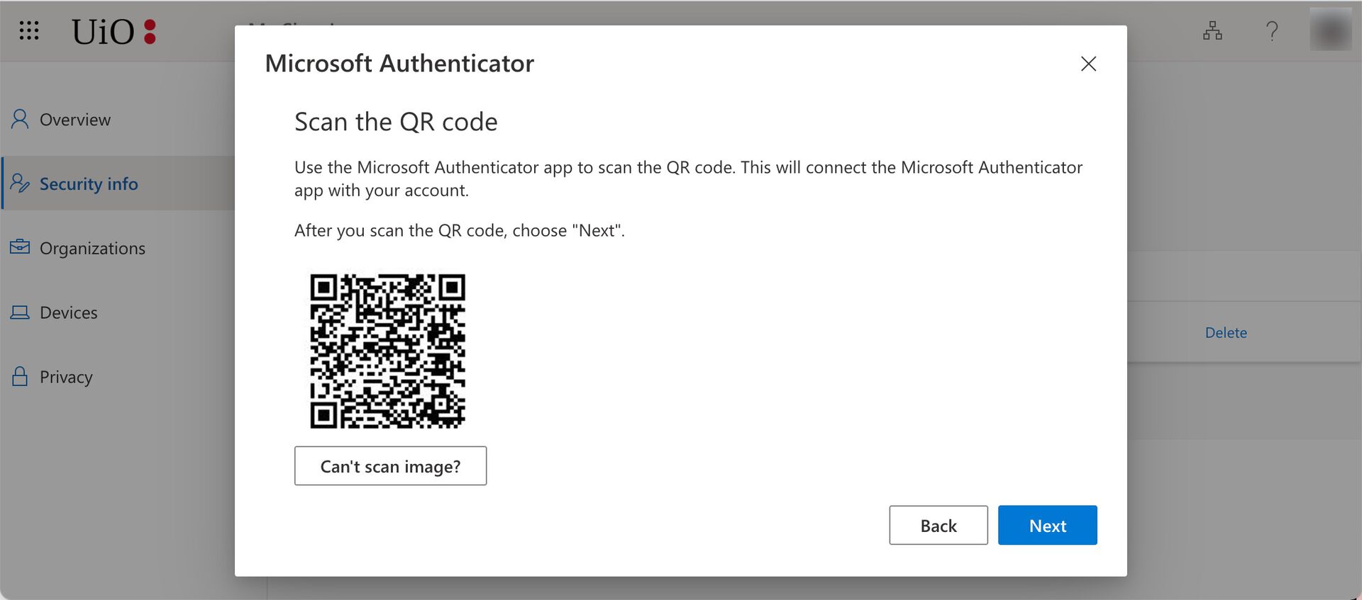 Screenshot of Security Info - QR Code