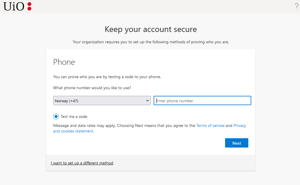 Screenshot of Keep your account secure - enter phone number