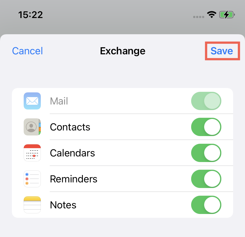 Screenshot of enabled Exchange services