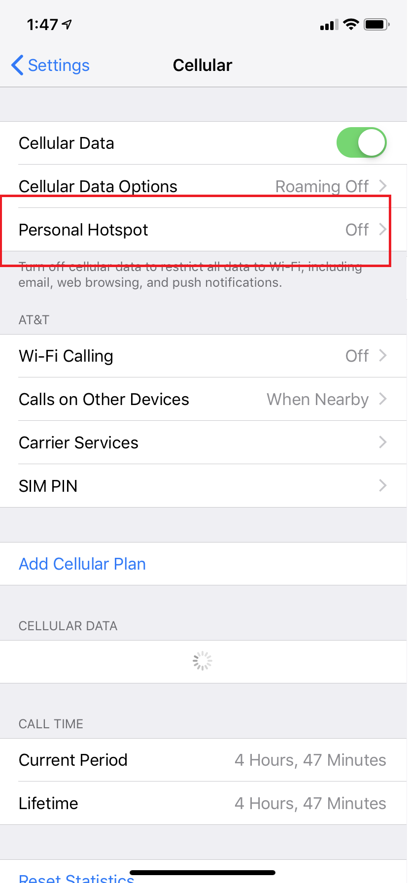 iOS settings showing where to change settings for Personal Hotspot