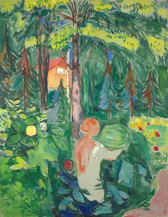 A painting of a girl with a pumpkin, sitting in a forest surrounded by flowers and trees
