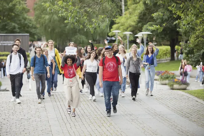 UiO studenter kommer gående side og side opp trappen mot fontenen på Blindern. To faddere går fremst i røde t-skjorter med UiO-logo på. Den ène fadderen holder opp et skilt med med påskriften: Internasjonale studenter. 