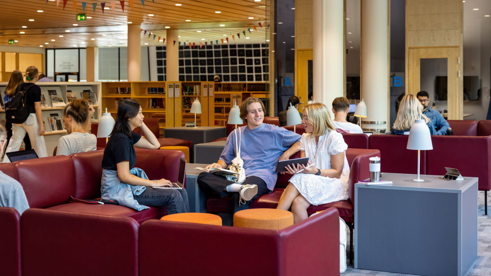 Bildet viser studenter som prater i et bibliotek på Blindern