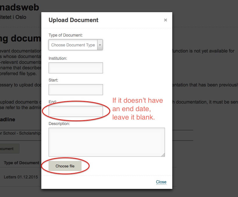How to upload documents in Søknadsweb- choose correct file.