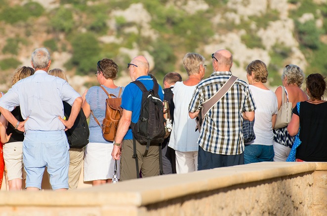Gruppe av turister ser utover landskap
