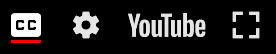 Skjermbilde av verktøylinjen i videospilleren i YouTube, med CC-knappen for å vise eller skjule undertekster
