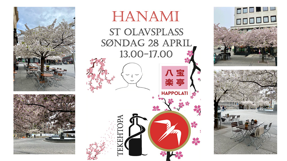 Banner med bilder av kirsebærtrær og invitasjon til utearrangement på St. Olavs plass.