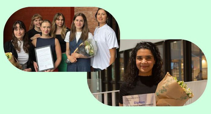 Kollasj av et gruppebilde av Jusstudentenes Fosenopprop og portrettbilde av kvinnelig prisvinner med blomster og diplom.