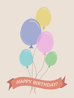illustrasjon av ballonger og tekst: happy birthday!