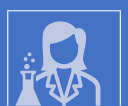 Ikon med skisse av forsker med langt hår, labfrakk og reagensrør