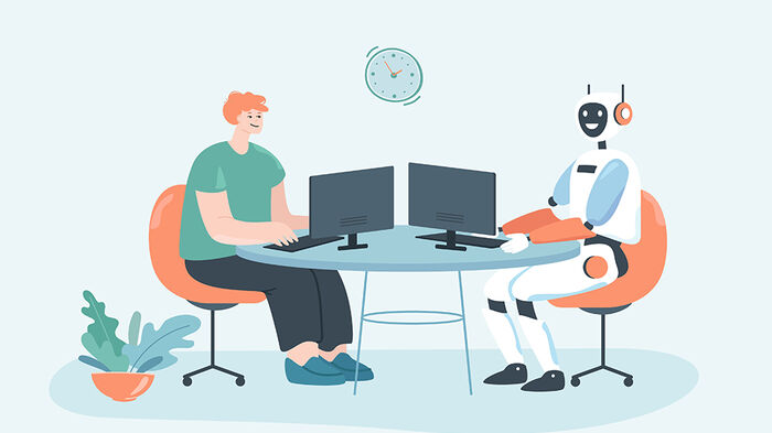 Illustrasjon viser en mann og en robot som sitter og jobber med pc-er på et delt kontorbord