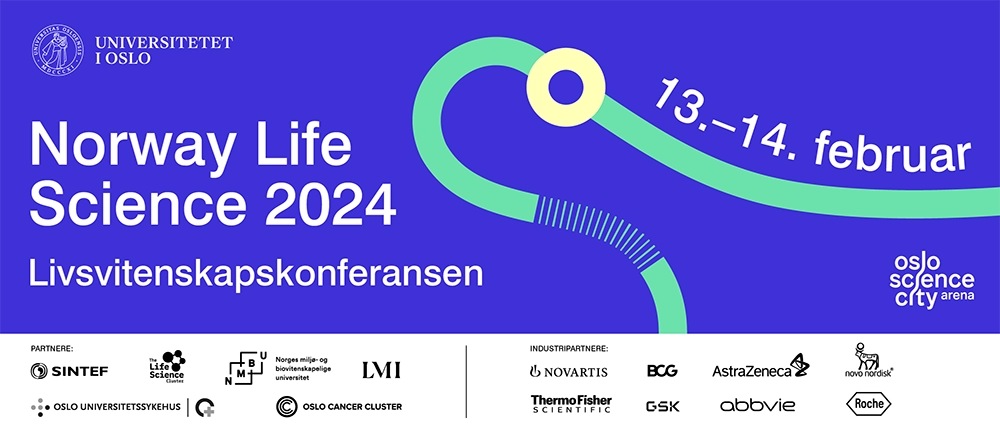 Konferansebanner med "Norway Life Science 2024" og "13. - 14. februar" i hvit tekst på blå bakgrunn