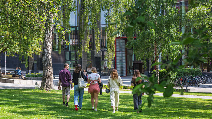 A group of students walking towards the univerity library