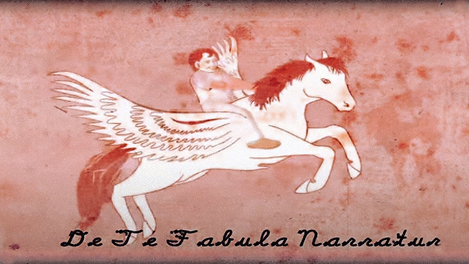 Maleri av den bevingede hesten Pegasus med en mannlig, naken ridder på ryggen
