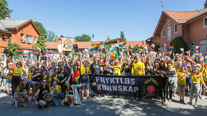 En gruppe mennesker samlet ute i pride-klær og bærer prideflagg med banner i midten der det står "fryktløs kunnskap".