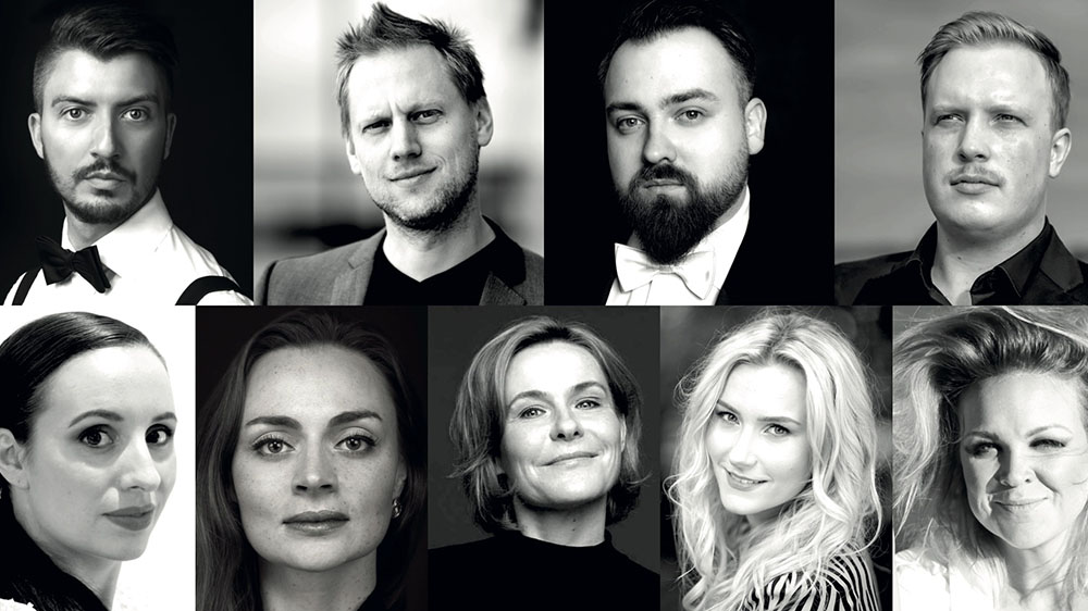 Collage med portrettbilder av åtte operasangere og en pianist