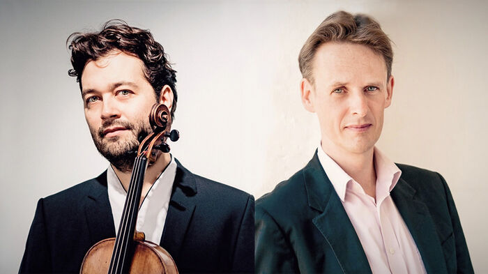 Portrait photos of Lawrence Power with a viola and tenor Ian Bostridge