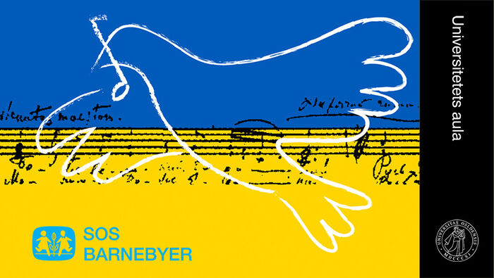 Grafikk med noter på ukrainsk flagg og silhuett av en due på topp