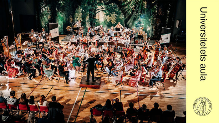 Symfoniorkester med unge musikere på en scene