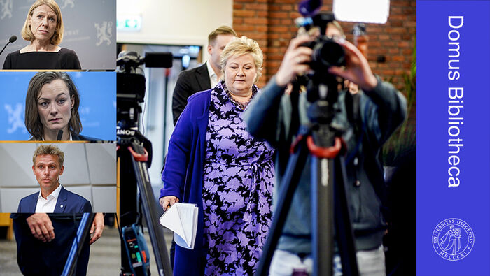 Bildet viser Erna Solberg under pressekonferansen i september om Finnes aksjekjøp, samt bilder av Anniken Huitfeldt, Anette Trettebergstuen og Ola Borten Moe.