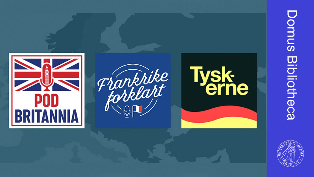 Emblemer til tre podkaster på et blåfarget Europa-kart