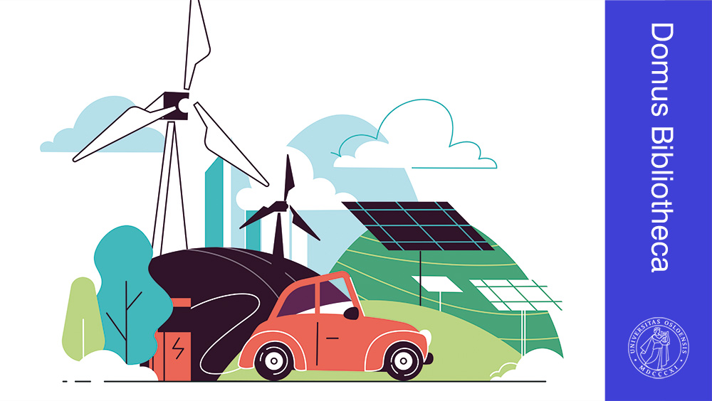 Illustrasjon med vindmøller, solscelle og bil