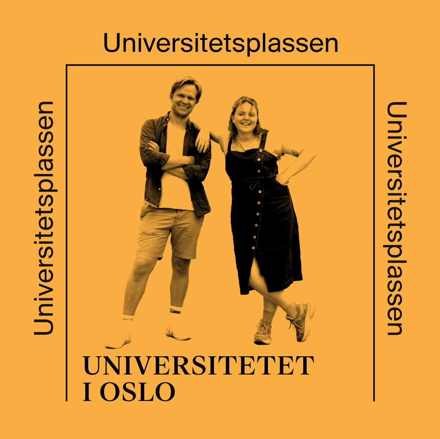 Universitetsplassen-podcastserie-grafisk element med bilde av programledere på gul bakgrunn
