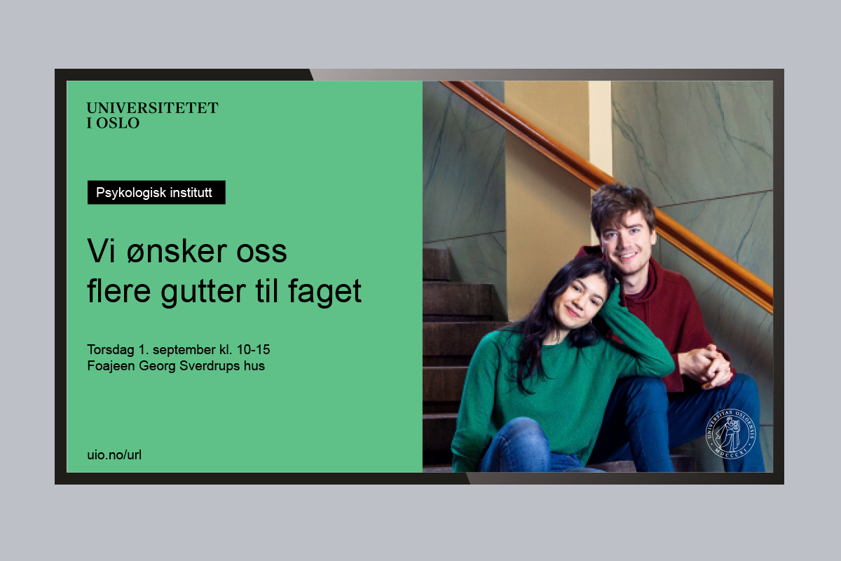 Eksempel på infoskjerm fra psykologisk institutt med grønn bakgrunn og bilde av to studenter