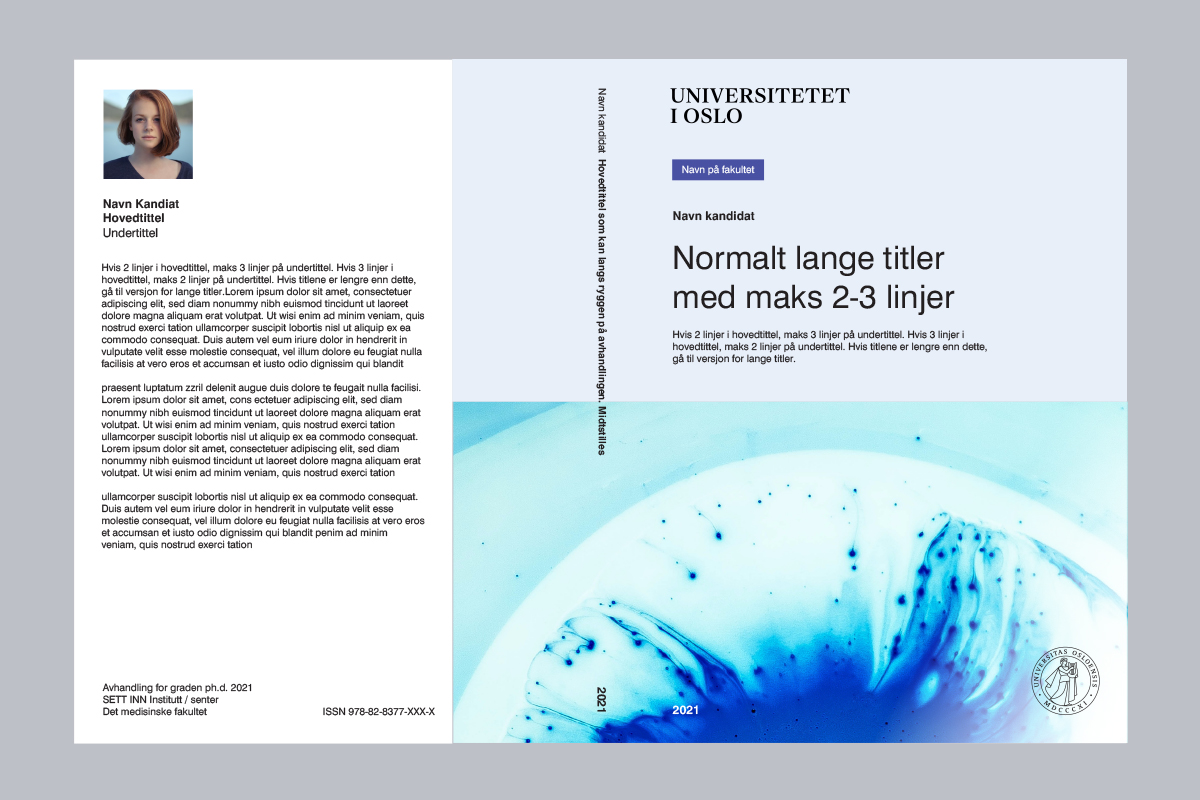 Example of doctoral dissertations showing front and back cover designs with logo, title, bio and abstract