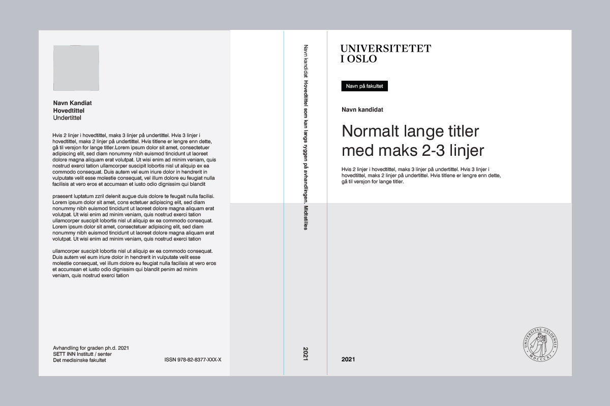 Grid for doctoral dissertations showing front and back covers with placement of logo, title, bio and abstract