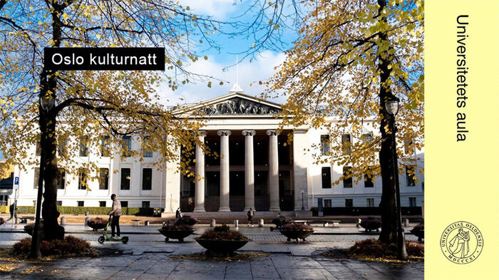 Fasaden til Domus Media merket med "Oslo kulturnatt" og "Universitetets aula"