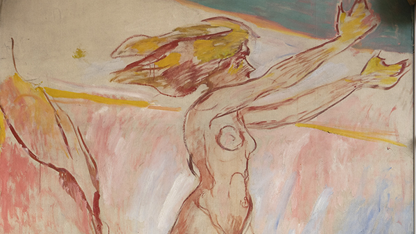 Utdrag fra Munchs maleri av en kvinne i rødlige farger som strekker seg mot solen
