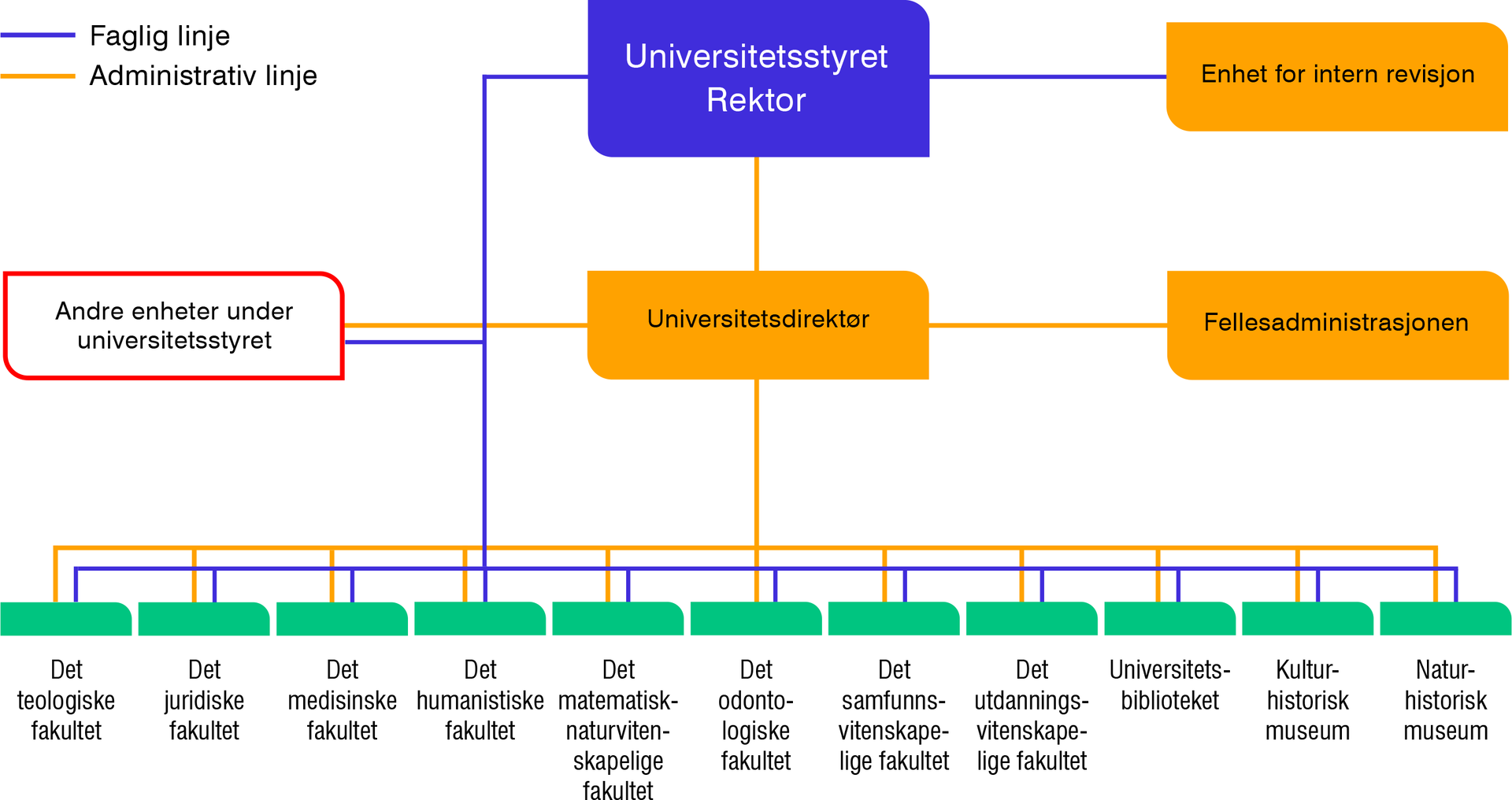 Illustrasjon av UiOs organisering. Listepunktene tilsvarer illustrasjonen.