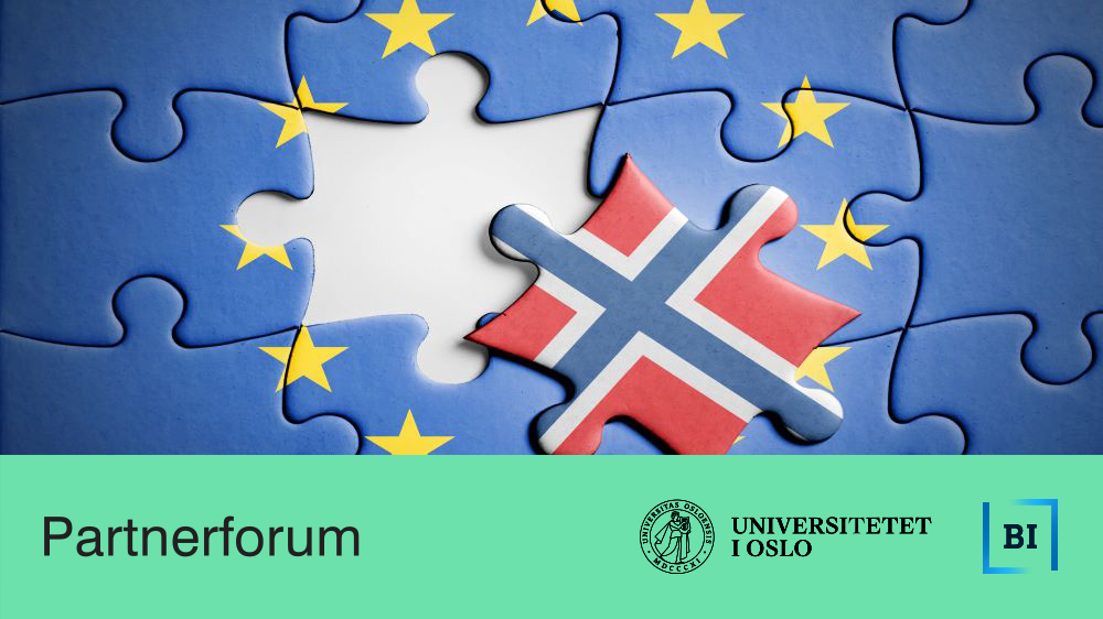 Illustrasjon av Norge og EU, tekst: Partnerforum med logoer til UiO og BI.
